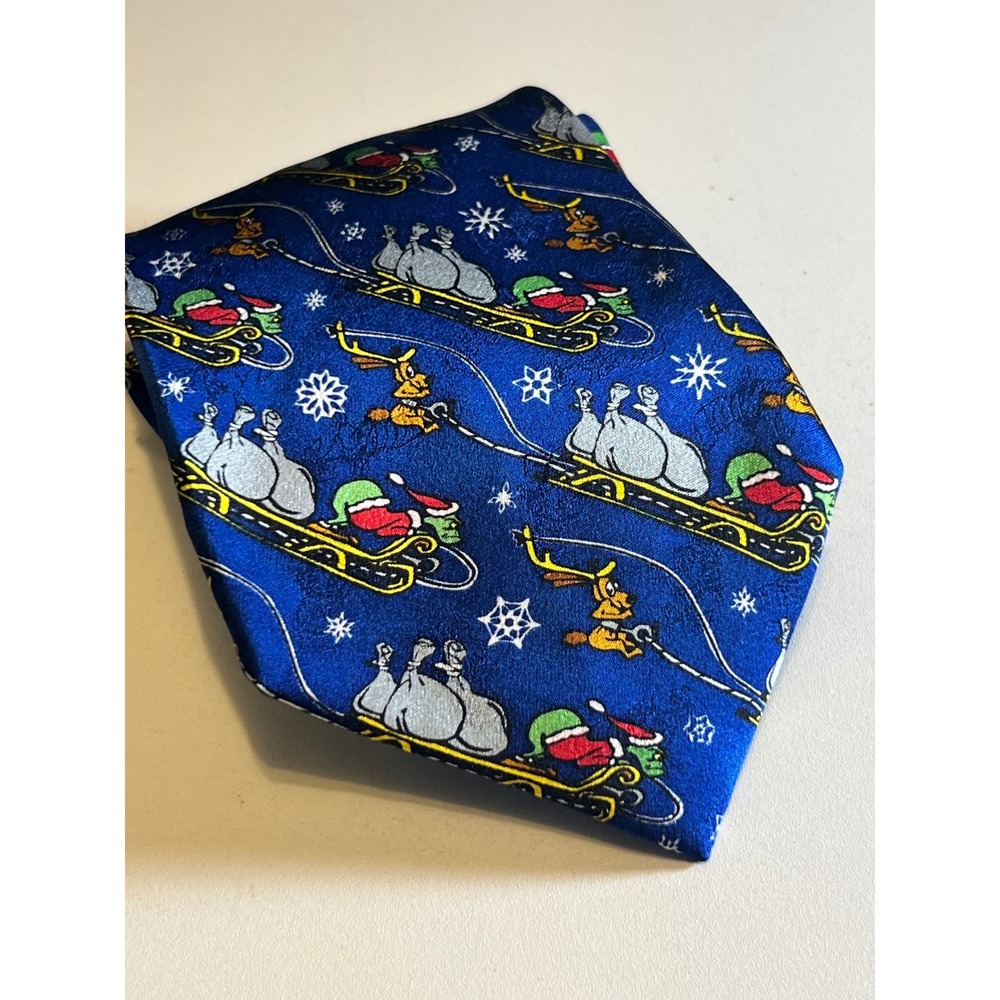 Dr Seuss 1994 Christmas Silk Tie 3.75" Grinch Sleigh Reindeer‎ Snowflakes Korea